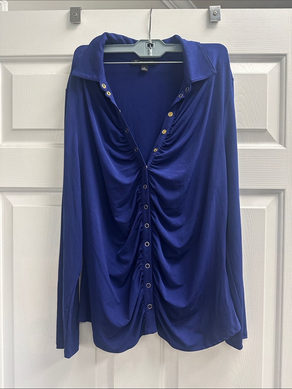 INC International Concepts Cobalt Blue Ruched Button-Front Blouse